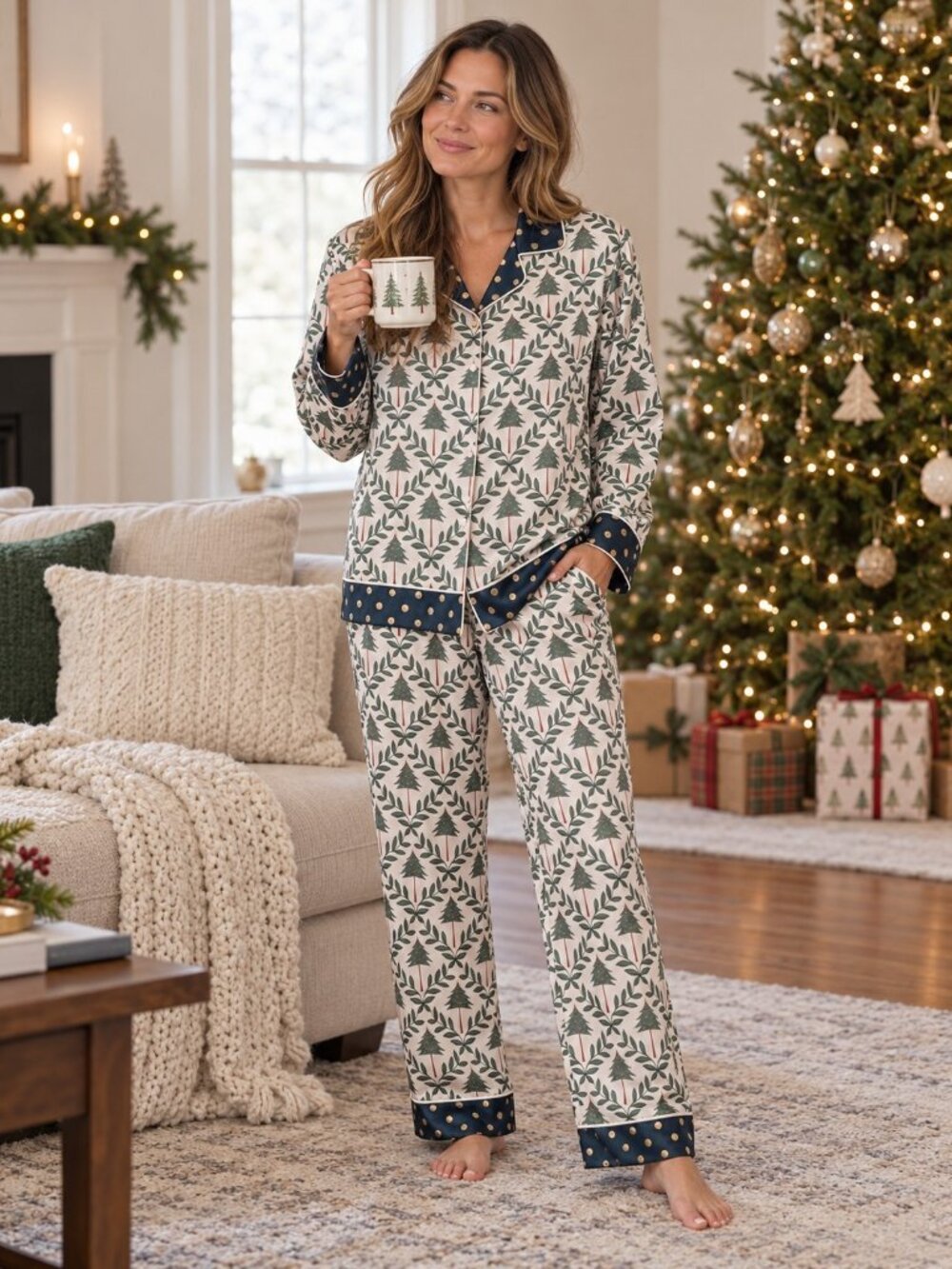 Averie Sleep Christmas Tree Classic Japanese Satin Pajama Set Size XS Multicolor